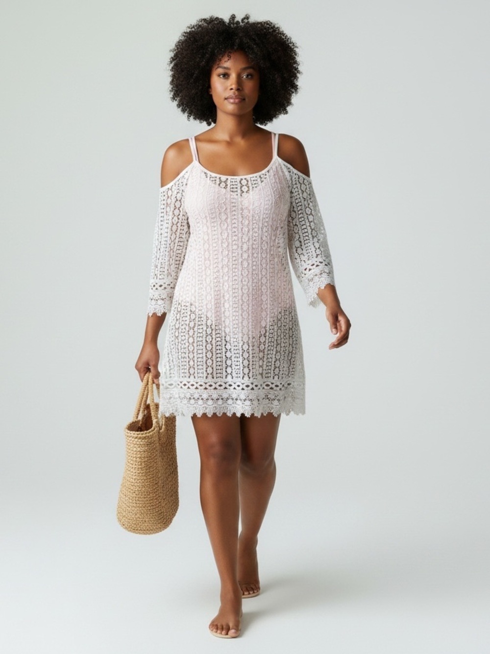 Solitaire Swim - Cold Shoulder Lazer cut Lace look Beach Dress - china